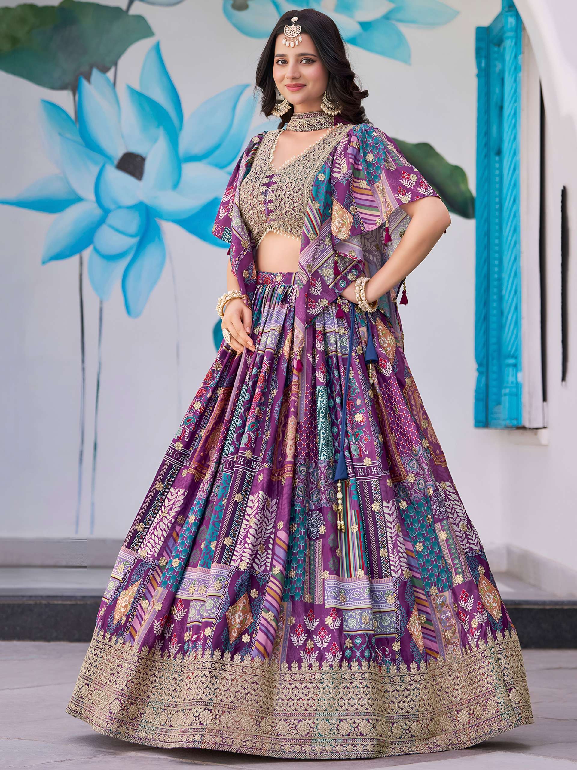  Purple Multicolor flower Printed Lehenga Choli in Chinnon Silk fabric supplier in surat 7050 Purple 